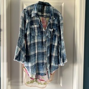 Blue plaid Aratta blouse with floral panel and embroidered gauze overlay in back